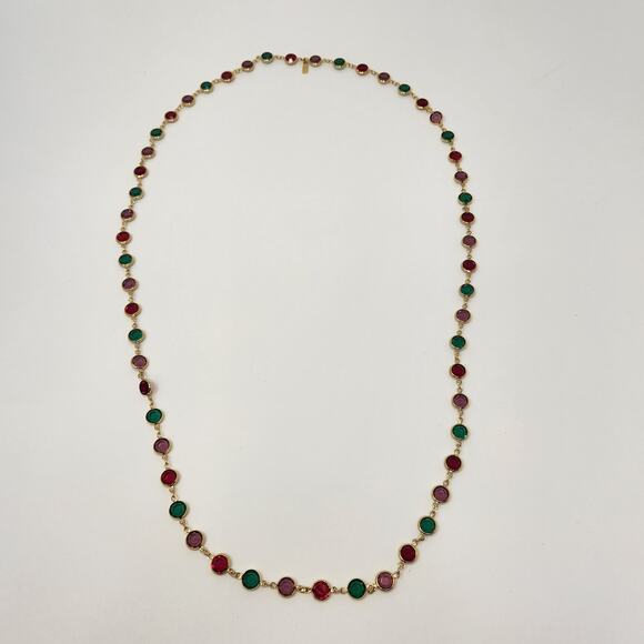 Swarovski Multi Color Crystal Bezel Set Gold Tone Long Necklace Red Green Purple - Picture 3 of 5